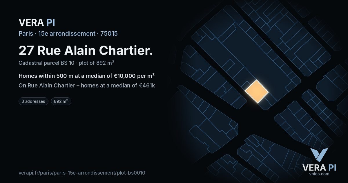 27 Rue Alain Chartier, 15e arrondissement at night – the plot lit, the parcels around coloured by the prices near them