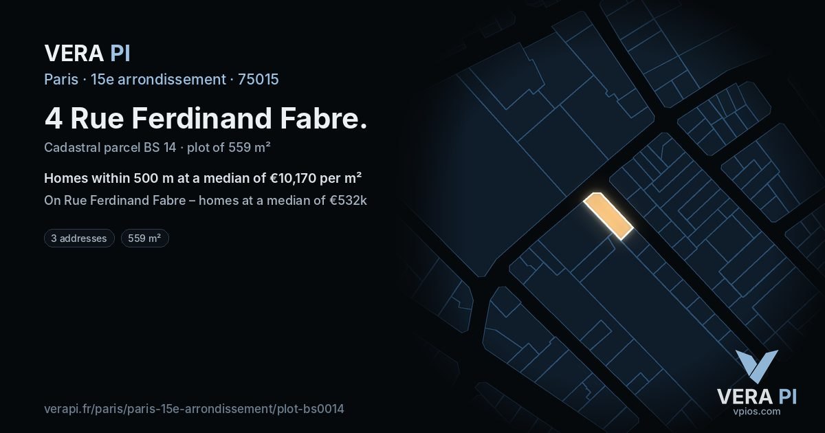 4 Rue Ferdinand Fabre, 15e arrondissement at night – the plot lit, the parcels around coloured by the prices near them