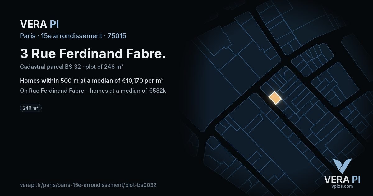 3 Rue Ferdinand Fabre, 15e arrondissement at night – the plot lit, the parcels around coloured by the prices near them