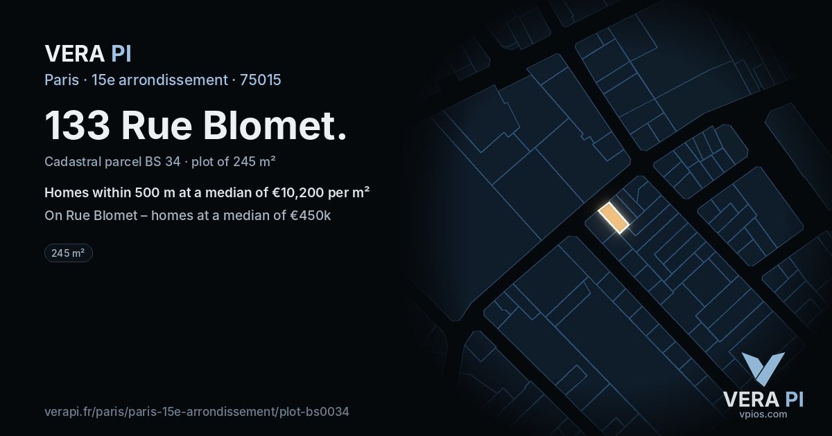 133 Rue Blomet, 15e arrondissement at night – the plot lit, the parcels around coloured by the prices near them