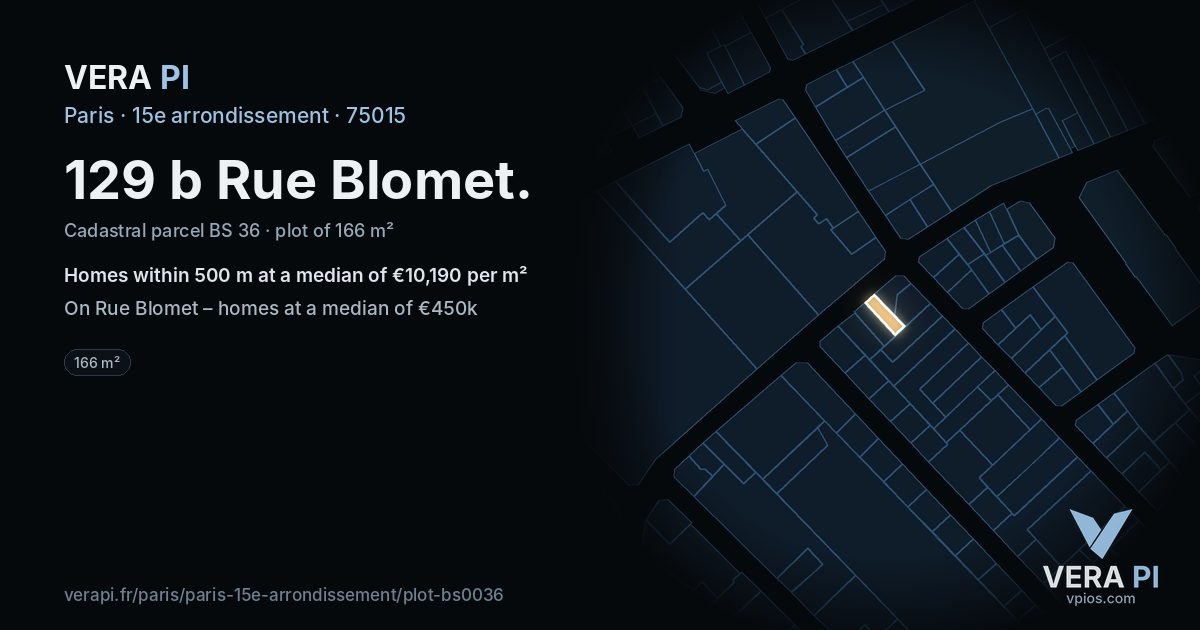 129 b Rue Blomet, 15e arrondissement at night – the plot lit, the parcels around coloured by the prices near them