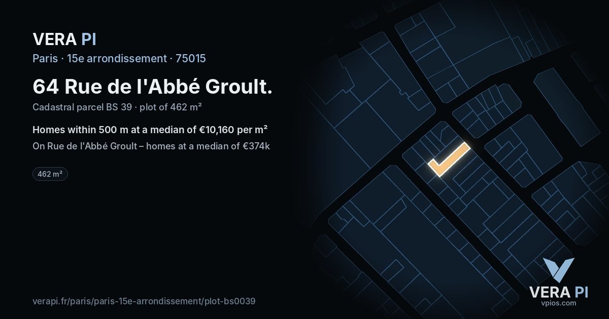 64 Rue de l'Abbé Groult, 15e arrondissement at night – the plot lit, the parcels around coloured by the prices near them