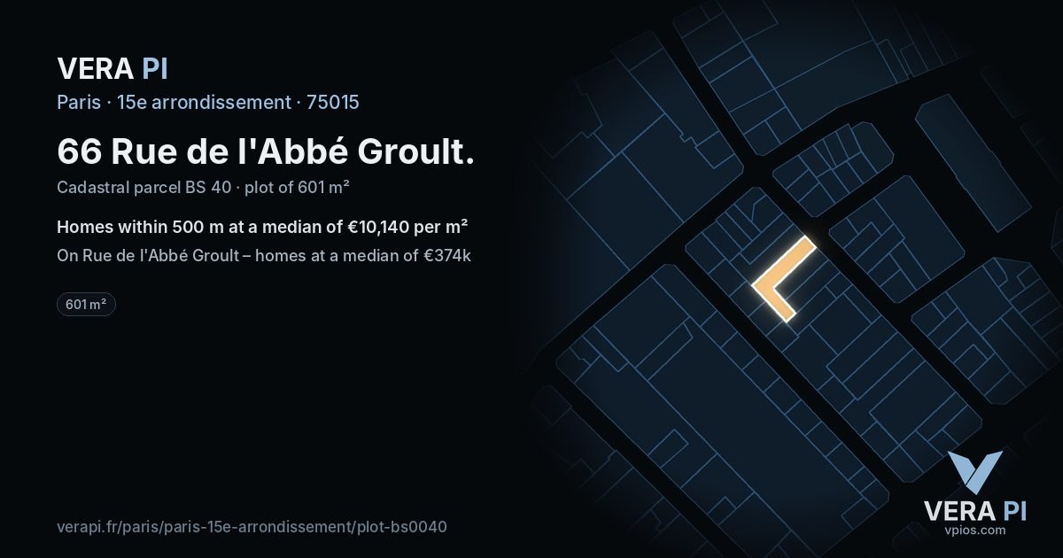 66 Rue de l'Abbé Groult, 15e arrondissement at night – the plot lit, the parcels around coloured by the prices near them
