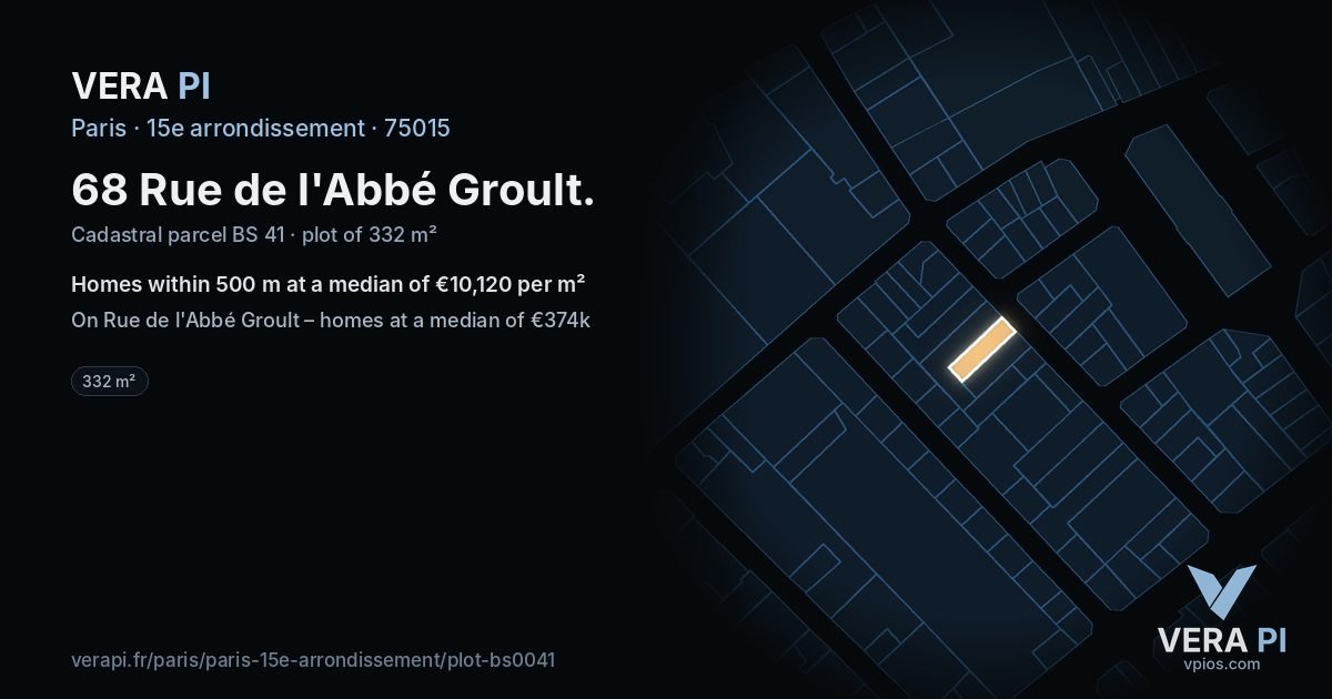 68 Rue de l'Abbé Groult, 15e arrondissement at night – the plot lit, the parcels around coloured by the prices near them