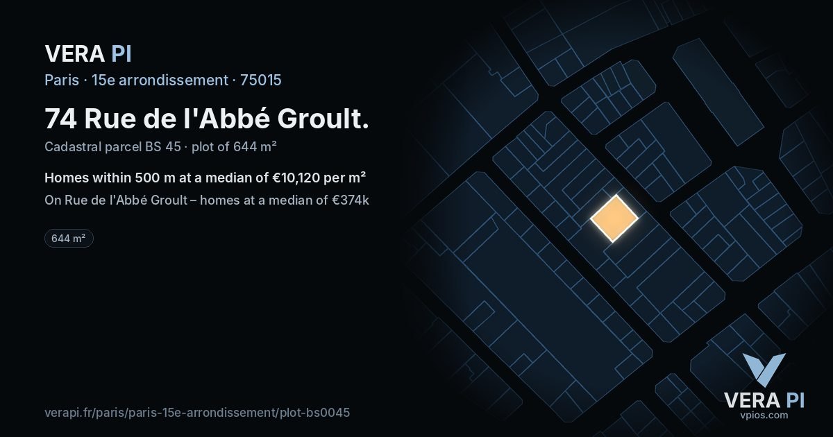 74 Rue de l'Abbé Groult, 15e arrondissement at night – the plot lit, the parcels around coloured by the prices near them