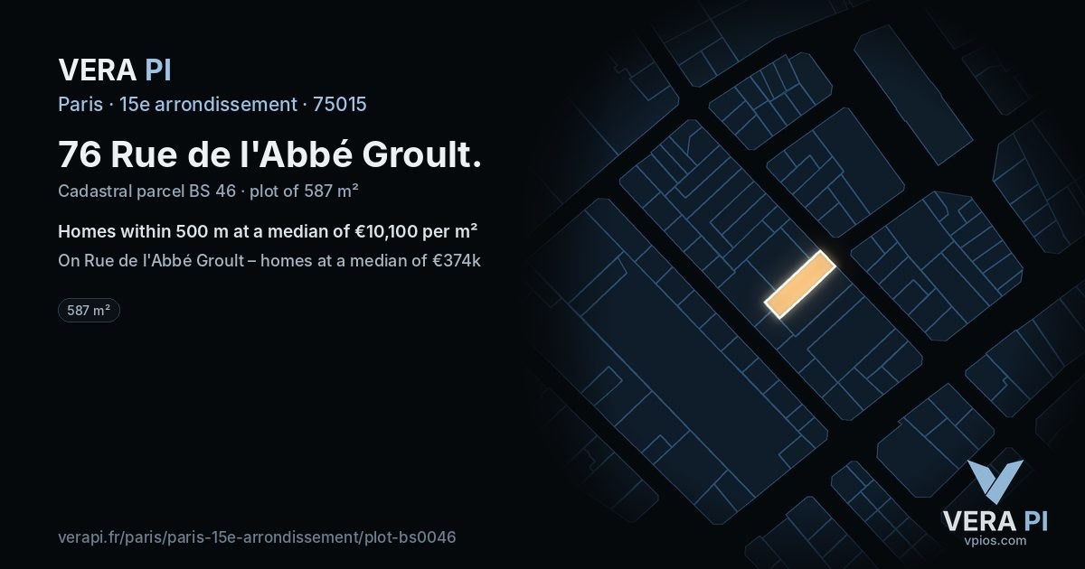 76 Rue de l'Abbé Groult, 15e arrondissement at night – the plot lit, the parcels around coloured by the prices near them