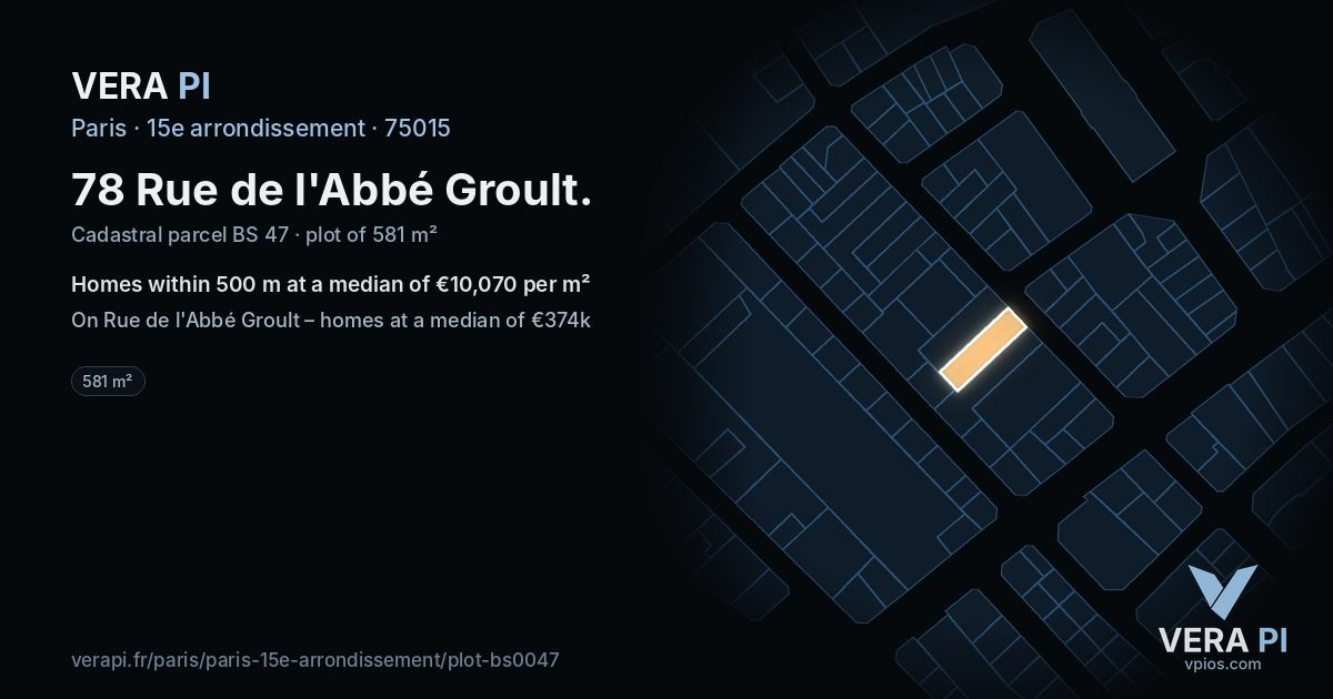 78 Rue de l'Abbé Groult, 15e arrondissement at night – the plot lit, the parcels around coloured by the prices near them