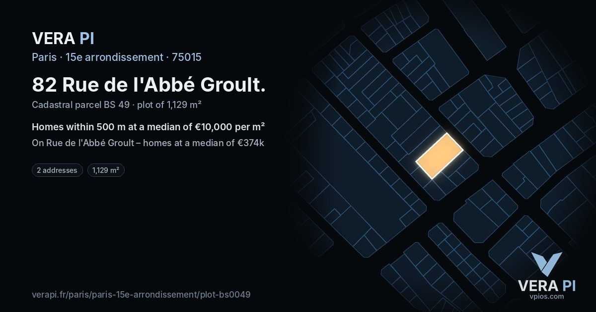 82 Rue de l'Abbé Groult, 15e arrondissement at night – the plot lit, the parcels around coloured by the prices near them