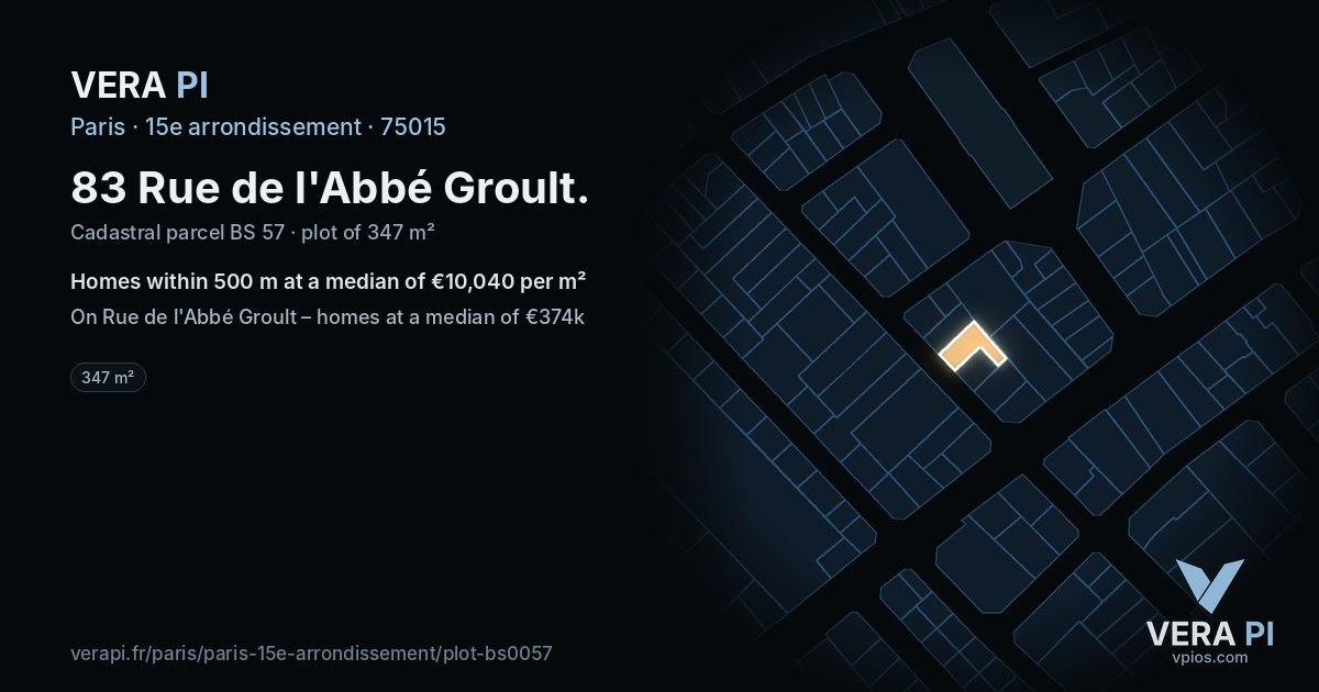 83 Rue de l'Abbé Groult, 15e arrondissement at night – the plot lit, the parcels around coloured by the prices near them