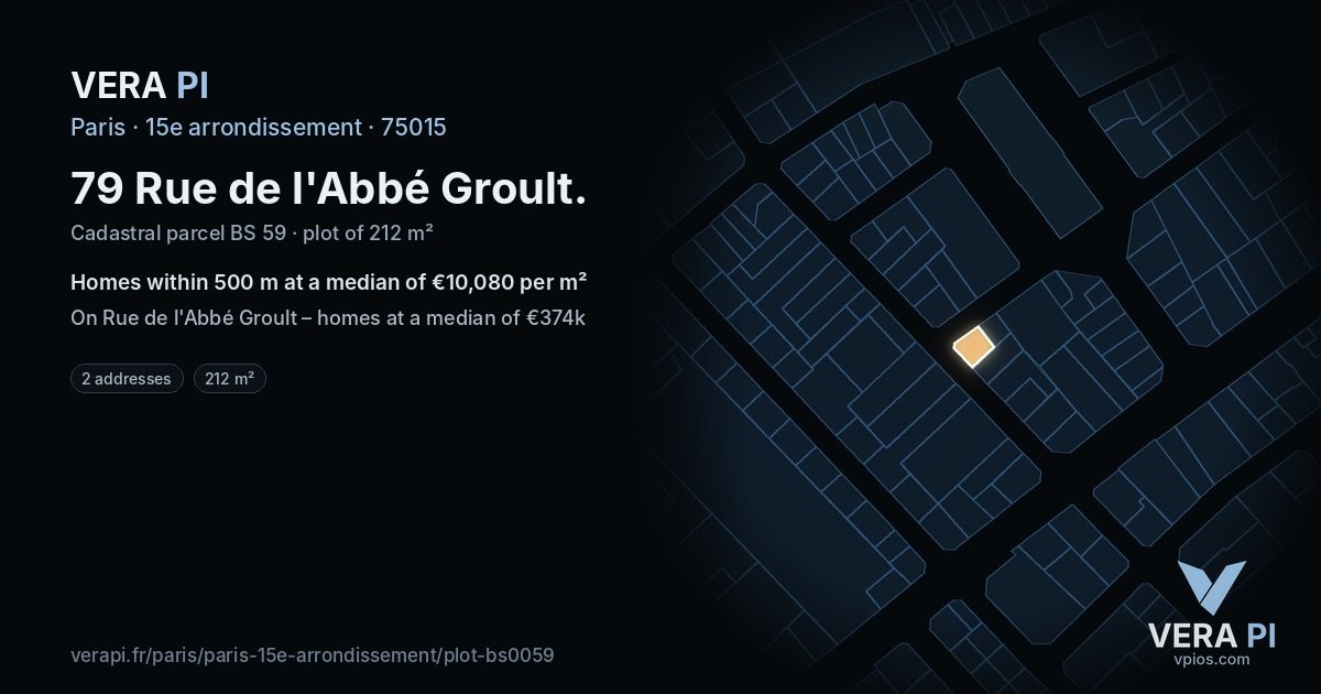 79 Rue de l'Abbé Groult, 15e arrondissement at night – the plot lit, the parcels around coloured by the prices near them