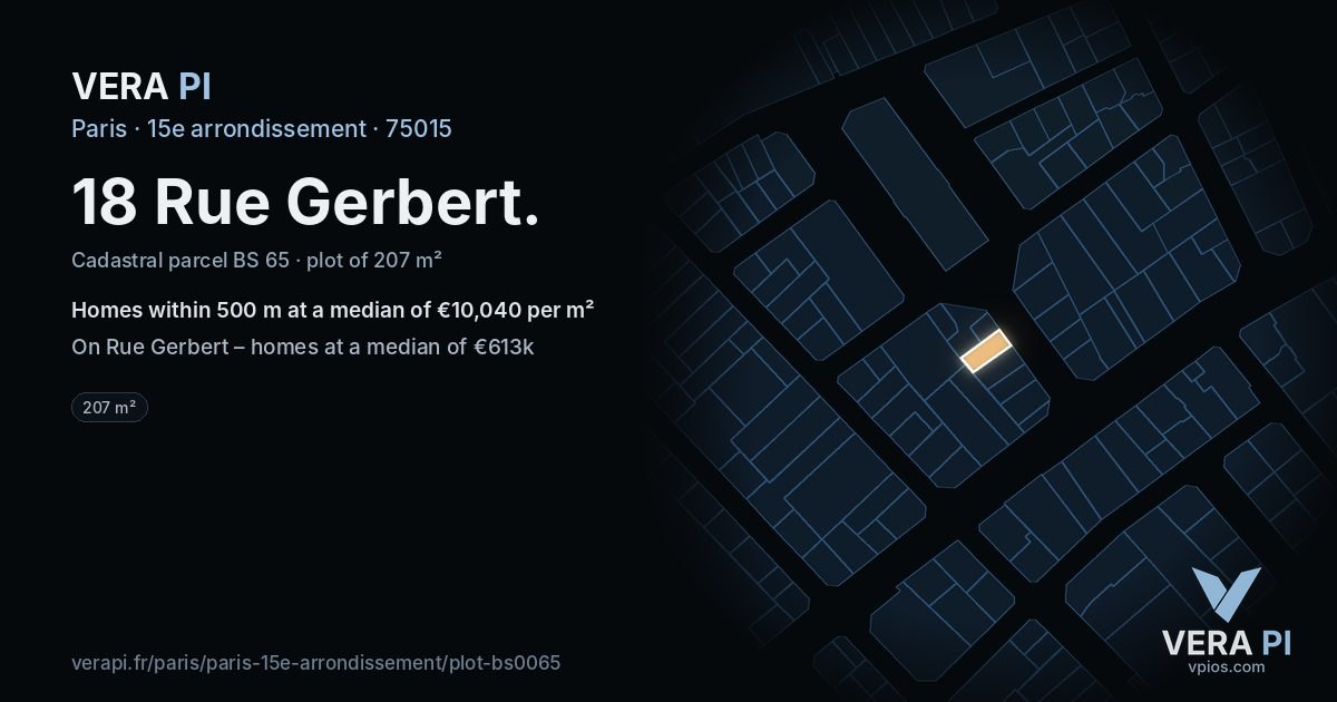 18 Rue Gerbert, 15e arrondissement at night – the plot lit, the parcels around coloured by the prices near them