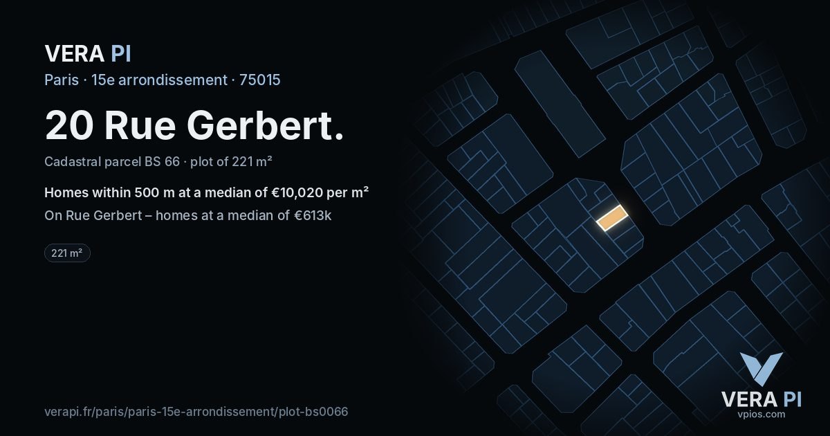20 Rue Gerbert, 15e arrondissement at night – the plot lit, the parcels around coloured by the prices near them