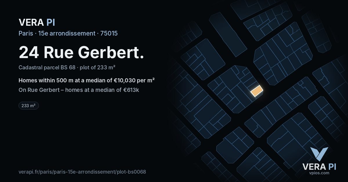 24 Rue Gerbert, 15e arrondissement at night – the plot lit, the parcels around coloured by the prices near them