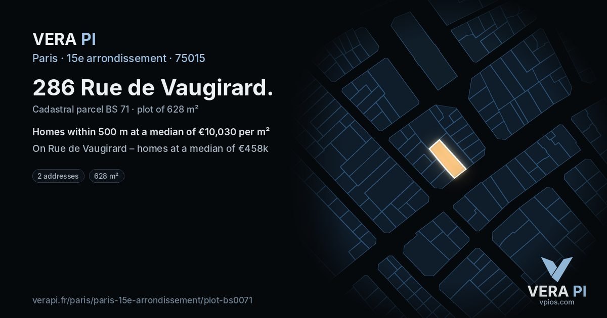 286 Rue de Vaugirard, 15e arrondissement at night – the plot lit, the parcels around coloured by the prices near them