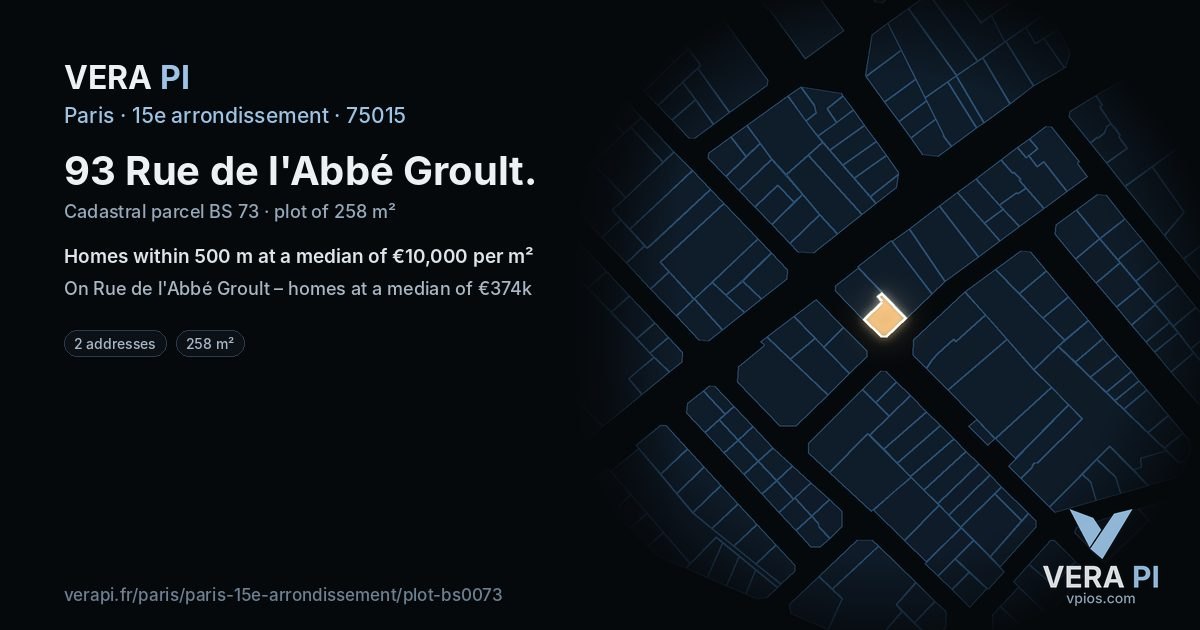 93 Rue de l'Abbé Groult, 15e arrondissement at night – the plot lit, the parcels around coloured by the prices near them