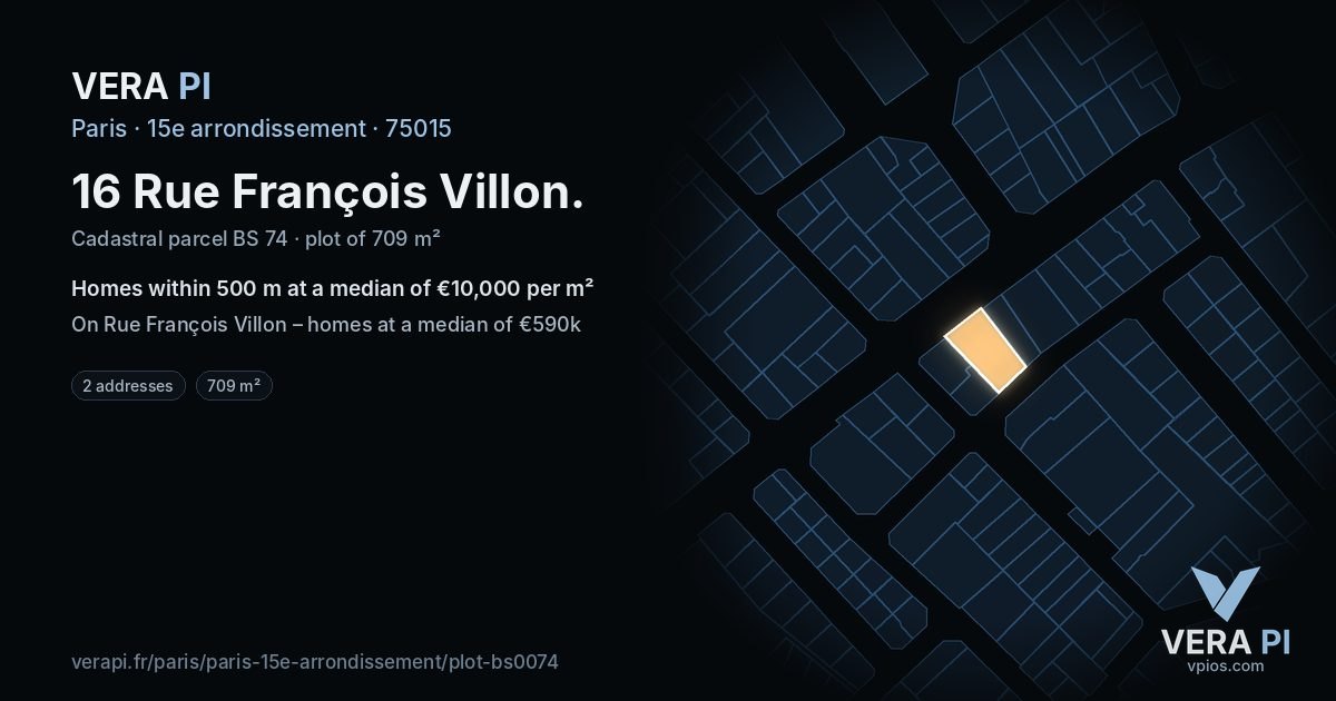 16 Rue François Villon, 15e arrondissement at night – the plot lit, the parcels around coloured by the prices near them