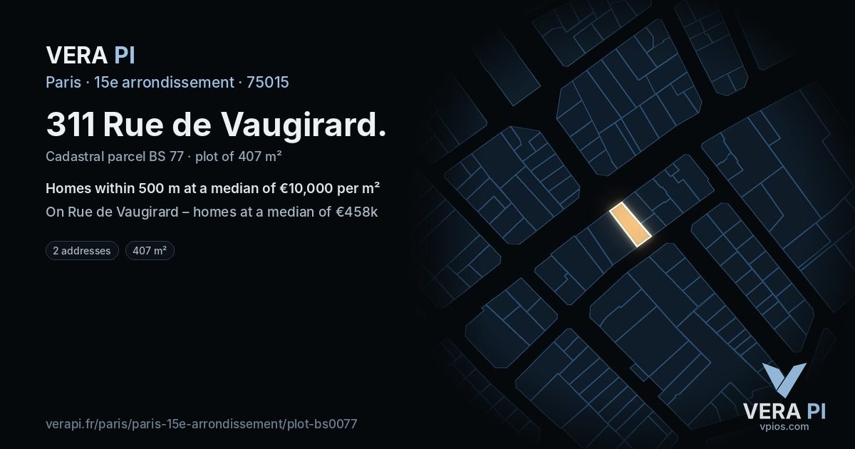 311 Rue de Vaugirard, 15e arrondissement at night – the plot lit, the parcels around coloured by the prices near them