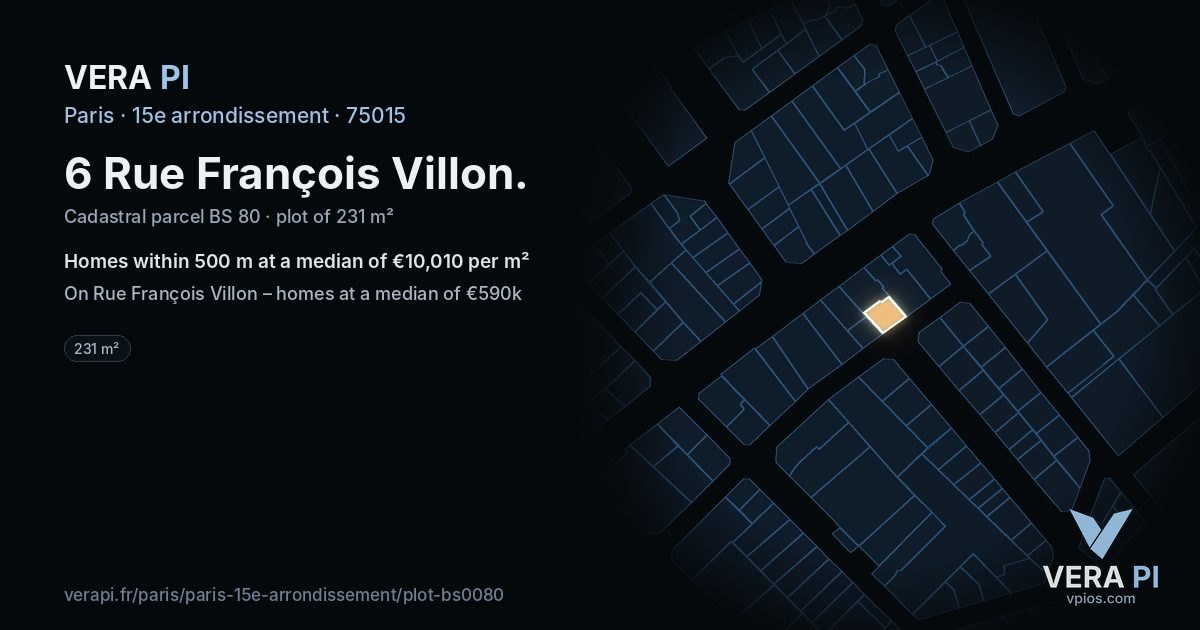 6 Rue François Villon, 15e arrondissement at night – the plot lit, the parcels around coloured by the prices near them