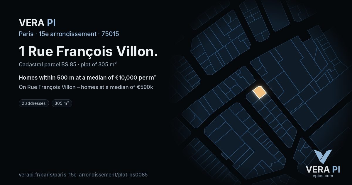 1 Rue François Villon, 15e arrondissement at night – the plot lit, the parcels around coloured by the prices near them