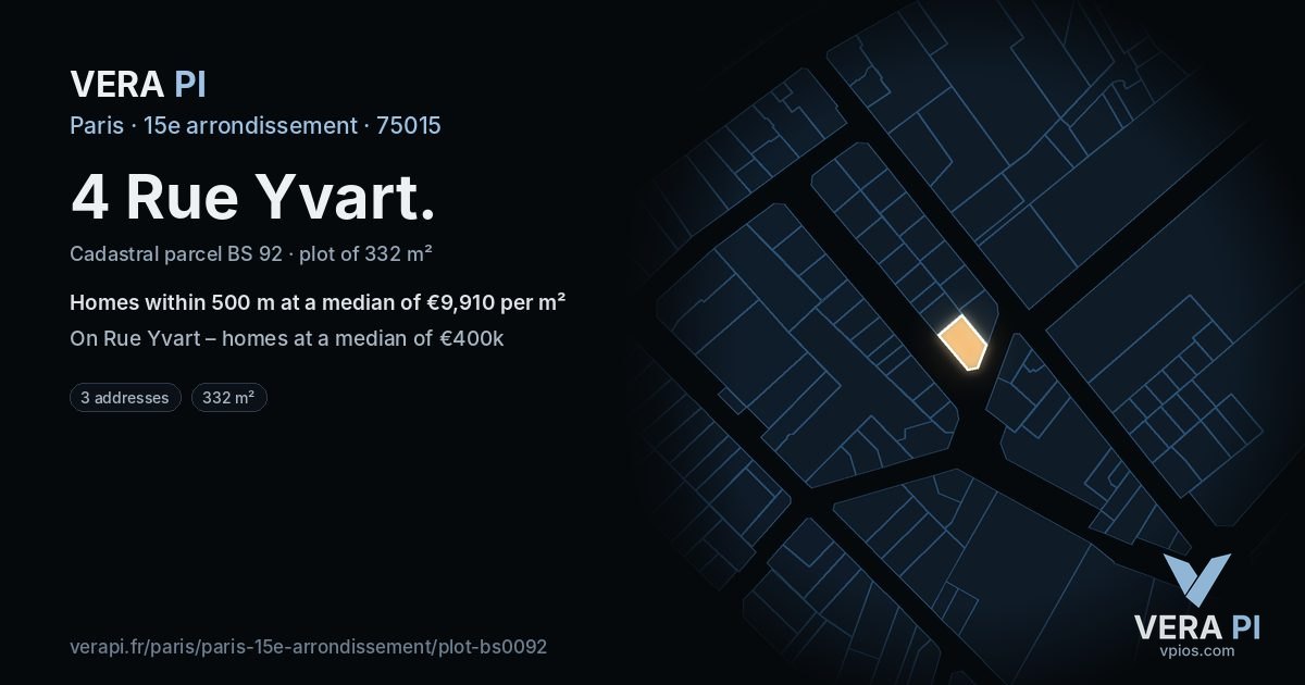 4 Rue Yvart, 15e arrondissement at night – the plot lit, the parcels around coloured by the prices near them