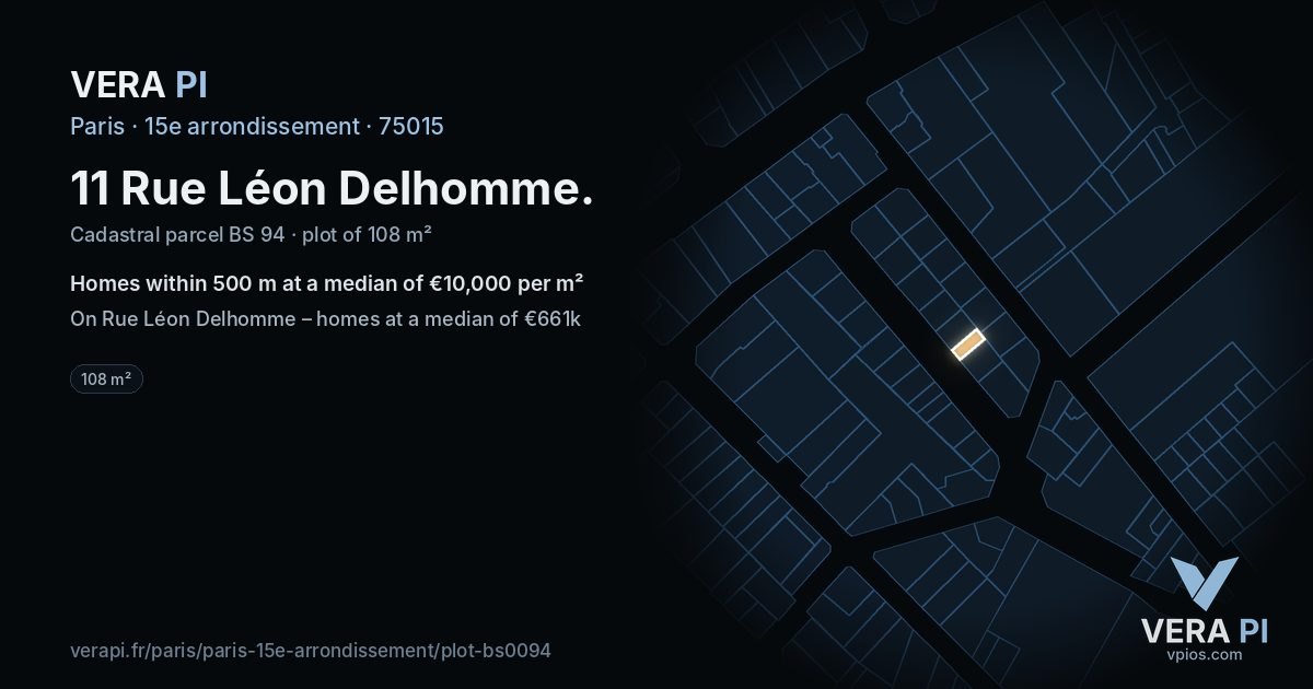 11 Rue Léon Delhomme, 15e arrondissement at night – the plot lit, the parcels around coloured by the prices near them