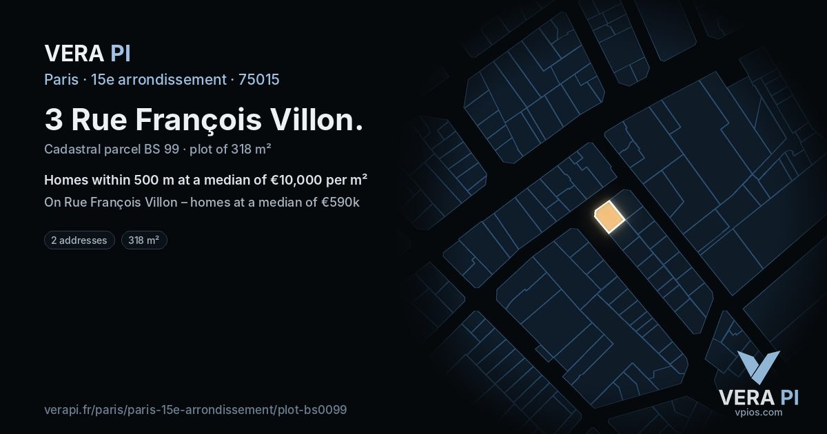 3 Rue François Villon, 15e arrondissement at night – the plot lit, the parcels around coloured by the prices near them