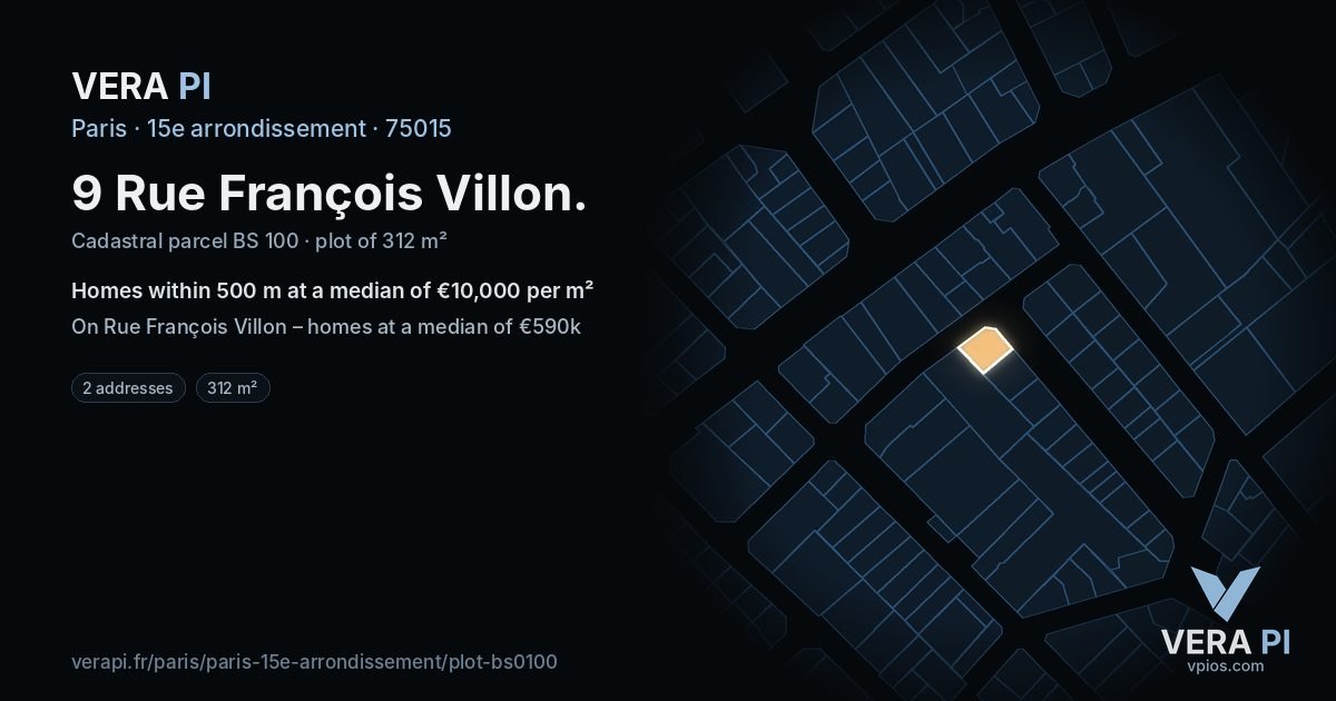 9 Rue François Villon, 15e arrondissement at night – the plot lit, the parcels around coloured by the prices near them