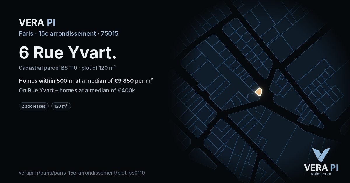 6 Rue Yvart, 15e arrondissement at night – the plot lit, the parcels around coloured by the prices near them