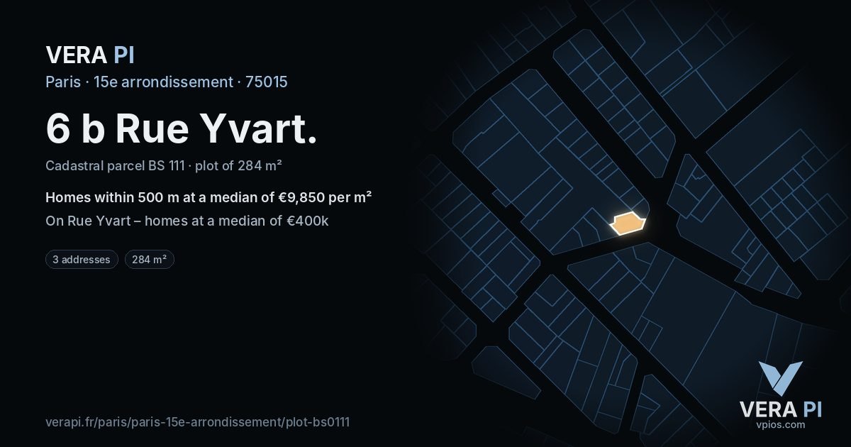 6 b Rue Yvart, 15e arrondissement at night – the plot lit, the parcels around coloured by the prices near them
