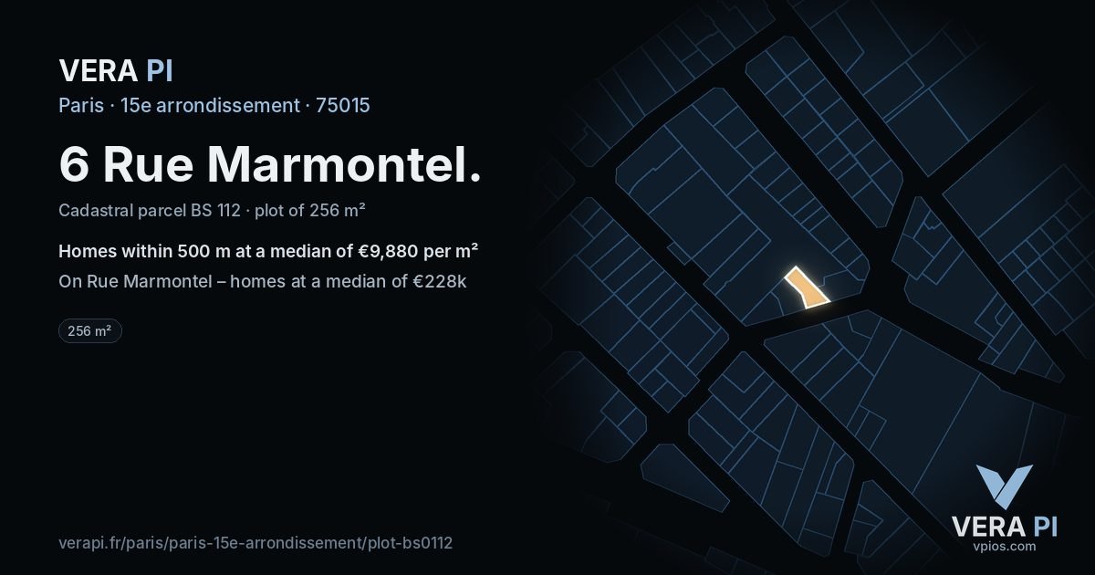 6 Rue Marmontel, 15e arrondissement at night – the plot lit, the parcels around coloured by the prices near them