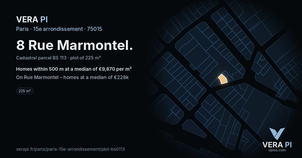 8 Rue Marmontel, 15e arrondissement at night – the plot lit, the parcels around coloured by the prices near them