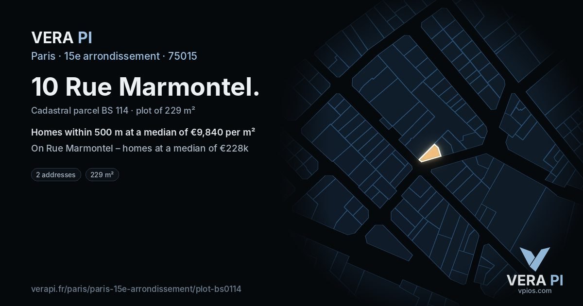 10 Rue Marmontel, 15e arrondissement at night – the plot lit, the parcels around coloured by the prices near them