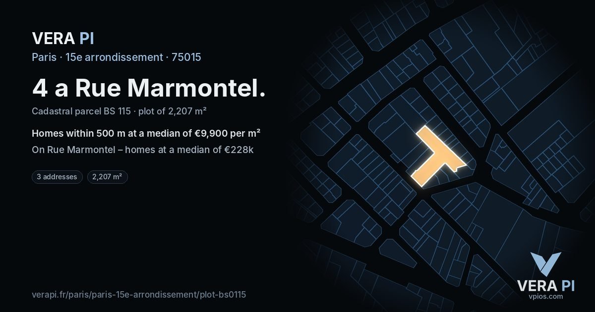 4 a Rue Marmontel, 15e arrondissement at night – the plot lit, the parcels around coloured by the prices near them