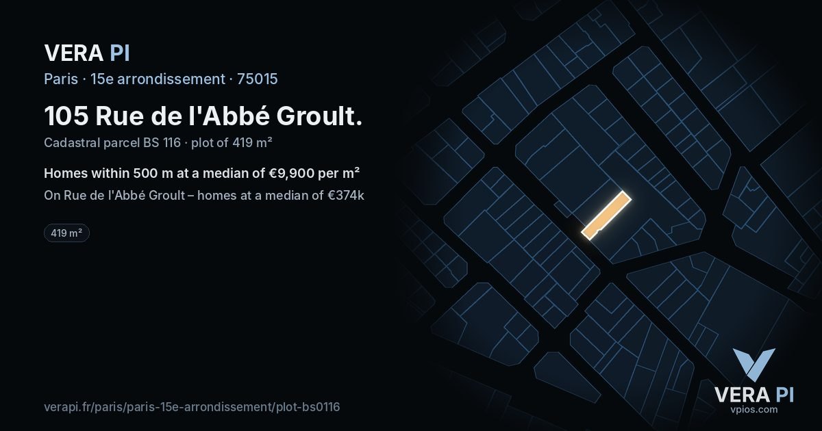 105 Rue de l'Abbé Groult, 15e arrondissement at night – the plot lit, the parcels around coloured by the prices near them