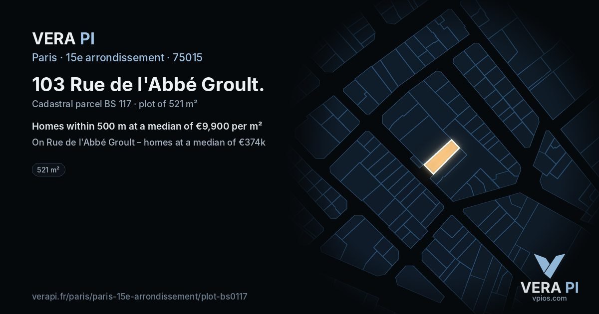 103 Rue de l'Abbé Groult, 15e arrondissement at night – the plot lit, the parcels around coloured by the prices near them