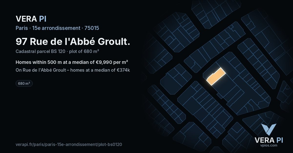 97 Rue de l'Abbé Groult, 15e arrondissement at night – the plot lit, the parcels around coloured by the prices near them