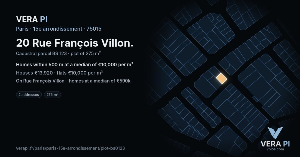 20 Rue François Villon, 15e arrondissement at night – the plot lit, the parcels around coloured by the prices near them