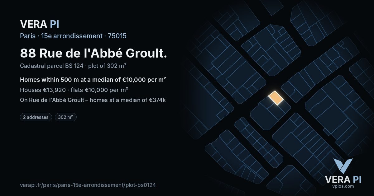 88 Rue de l'Abbé Groult, 15e arrondissement at night – the plot lit, the parcels around coloured by the prices near them