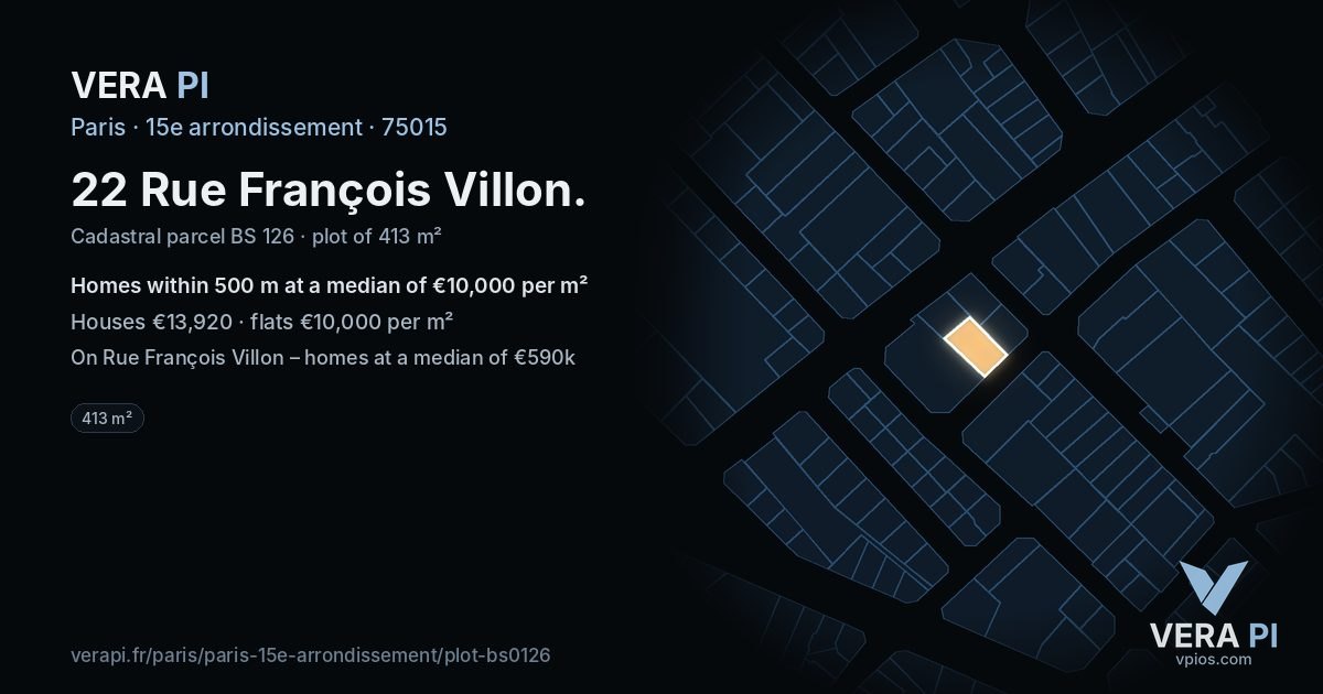 22 Rue François Villon, 15e arrondissement at night – the plot lit, the parcels around coloured by the prices near them
