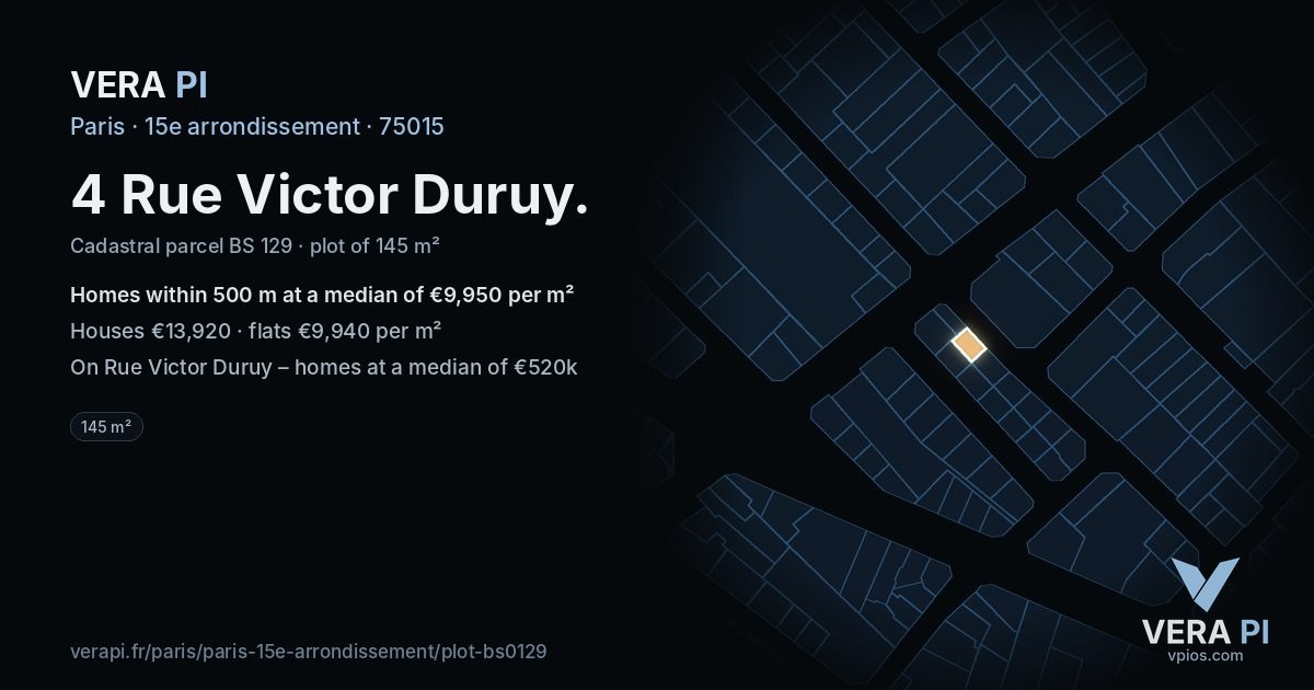 4 Rue Victor Duruy, 15e arrondissement at night – the plot lit, the parcels around coloured by the prices near them