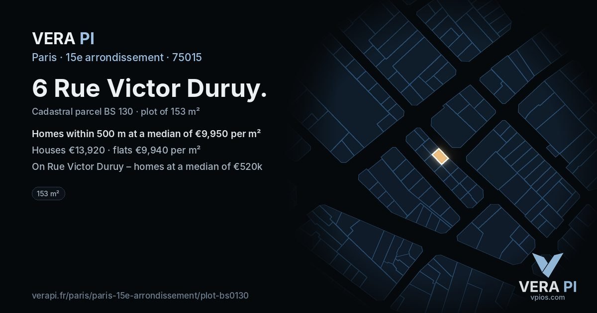 6 Rue Victor Duruy, 15e arrondissement at night – the plot lit, the parcels around coloured by the prices near them