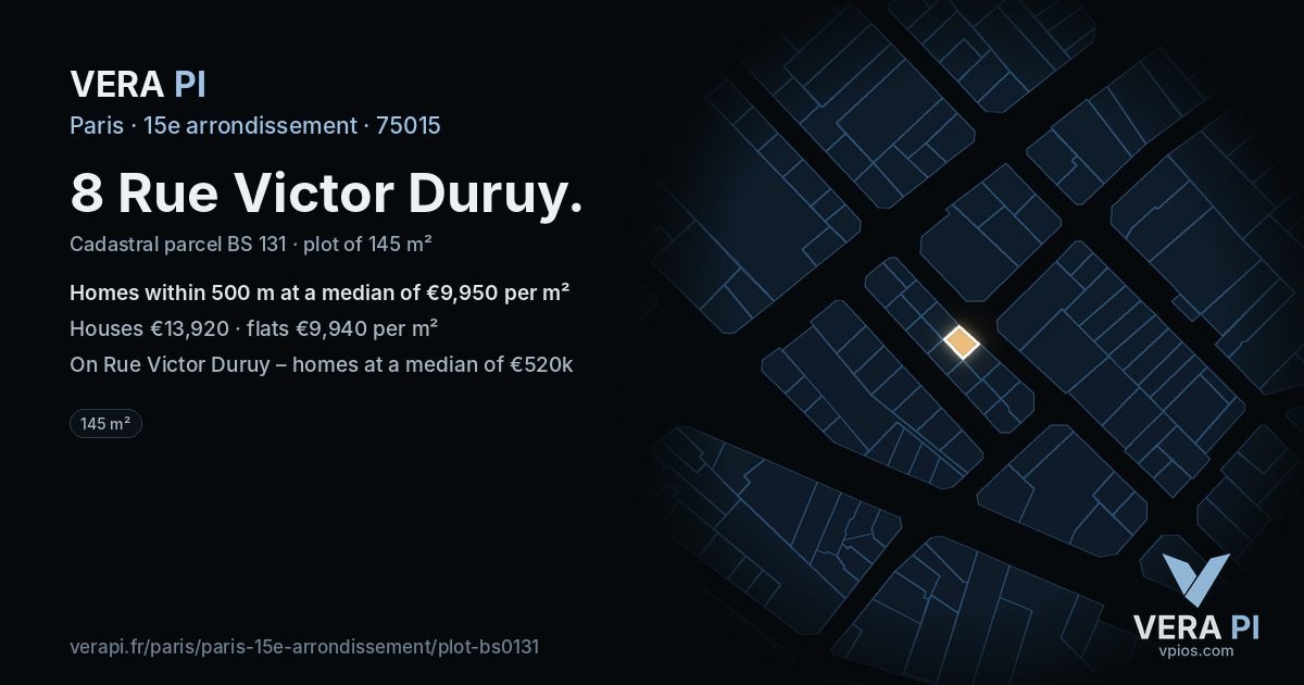 8 Rue Victor Duruy, 15e arrondissement at night – the plot lit, the parcels around coloured by the prices near them