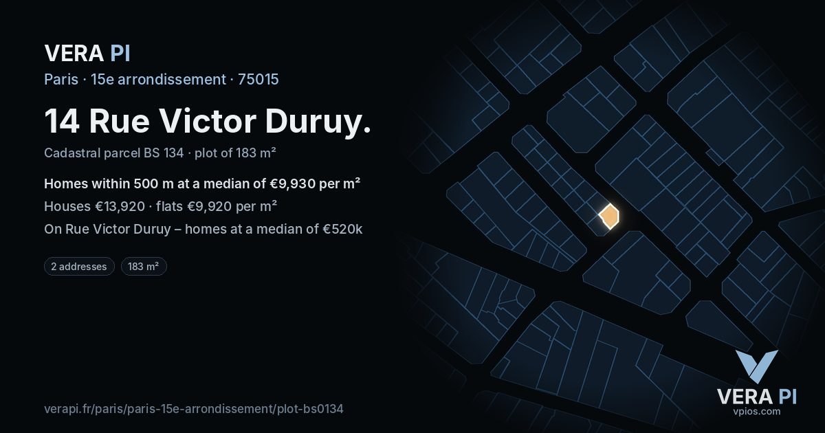 14 Rue Victor Duruy, 15e arrondissement at night – the plot lit, the parcels around coloured by the prices near them