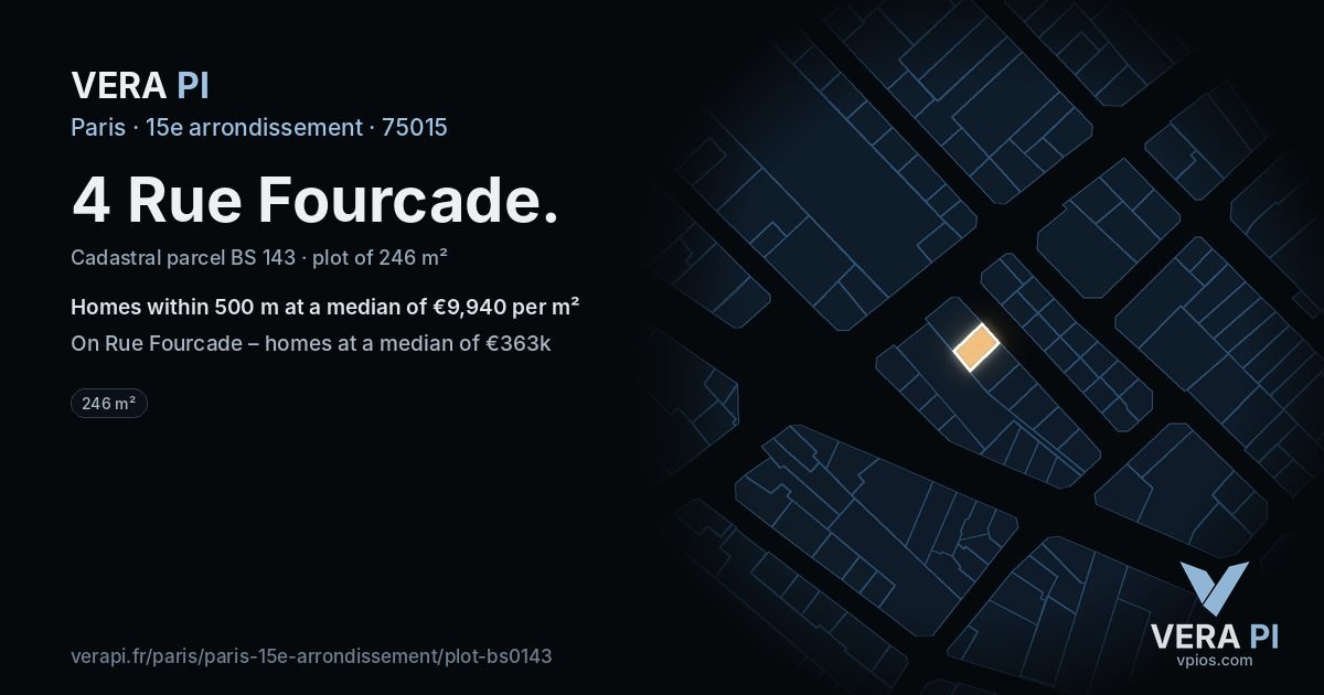 4 Rue Fourcade, 15e arrondissement at night – the plot lit, the parcels around coloured by the prices near them