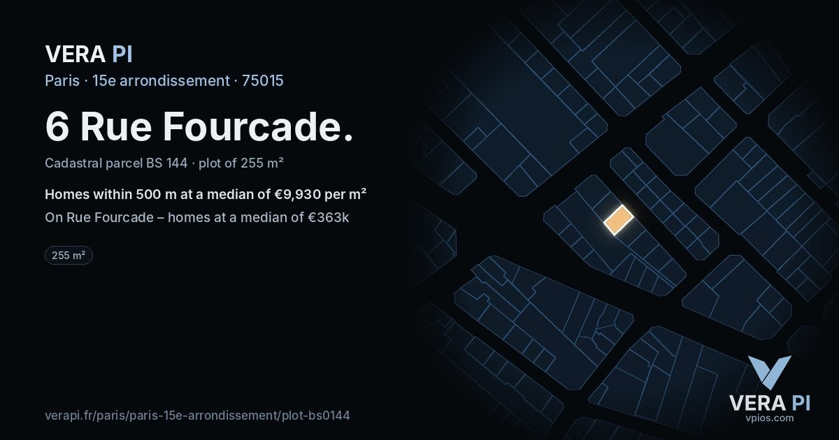 6 Rue Fourcade, 15e arrondissement at night – the plot lit, the parcels around coloured by the prices near them