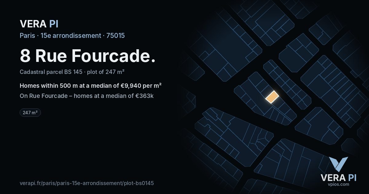8 Rue Fourcade, 15e arrondissement at night – the plot lit, the parcels around coloured by the prices near them