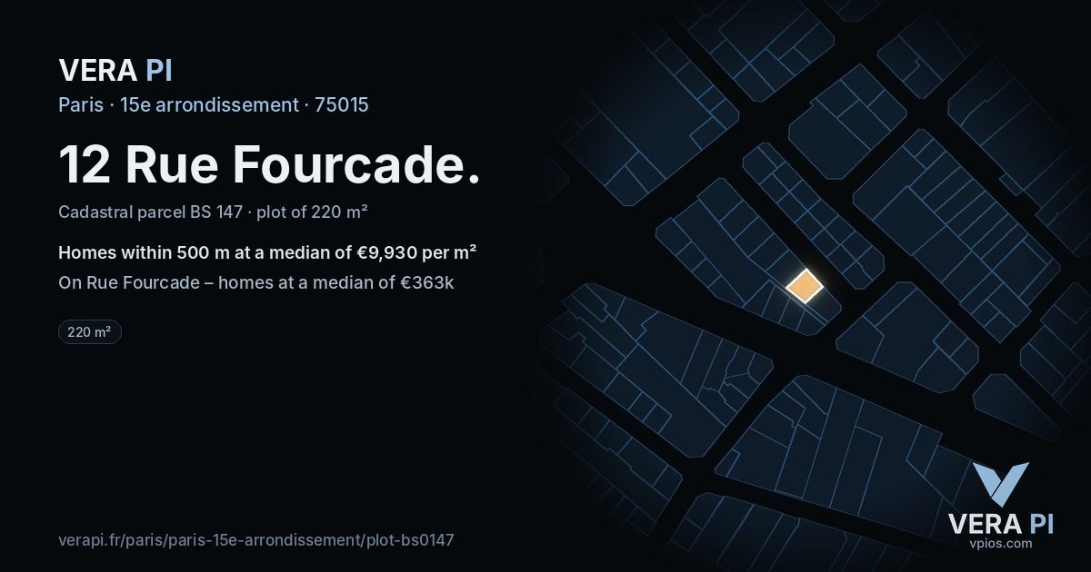 12 Rue Fourcade, 15e arrondissement at night – the plot lit, the parcels around coloured by the prices near them