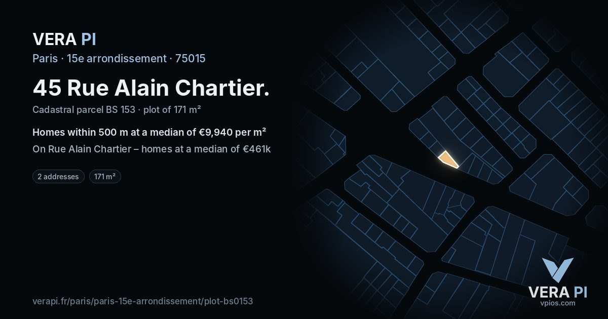 45 Rue Alain Chartier, 15e arrondissement at night – the plot lit, the parcels around coloured by the prices near them