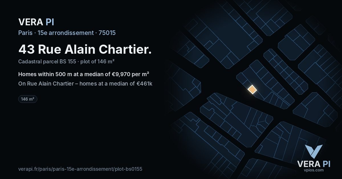 43 Rue Alain Chartier, 15e arrondissement at night – the plot lit, the parcels around coloured by the prices near them