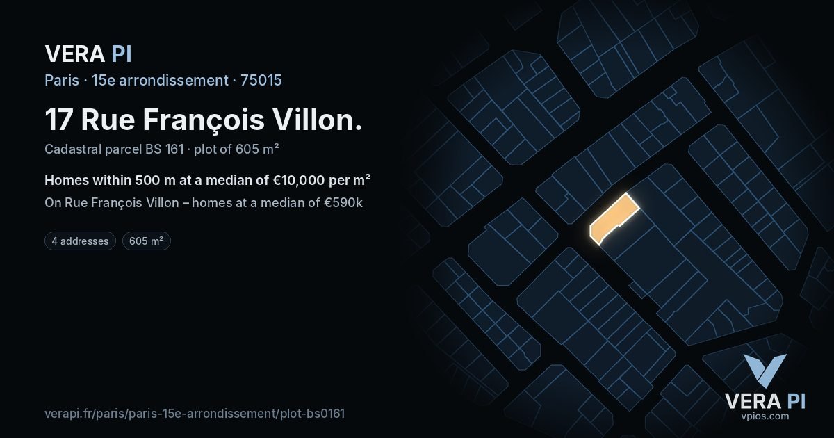 17 Rue François Villon, 15e arrondissement at night – the plot lit, the parcels around coloured by the prices near them